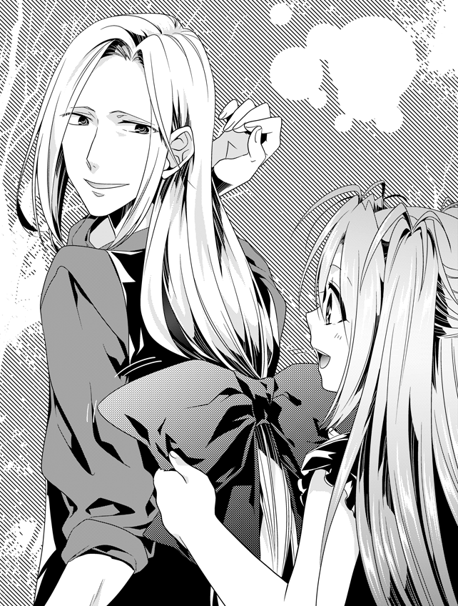 1boy, 1girl, blush, fingernails, greyscale, hair_between_eyes, hair_ornament, ikuhashi_muiko