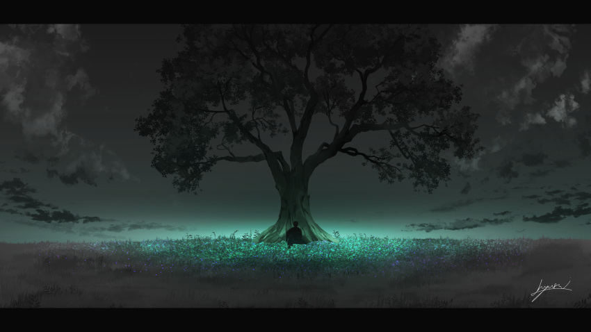 1other, ambiguous_gender, clouds, commentary_request, greyscale, h_yuusui, highres, letterboxed