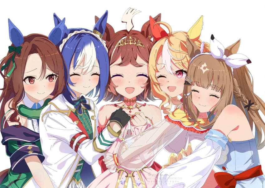 5girls, almond_eye_(umamusume), animal_ears, blonde_hair, blue_hair, brown_hair, cesario_(future_weaver)_(umamusume), cesario_(umamusume)