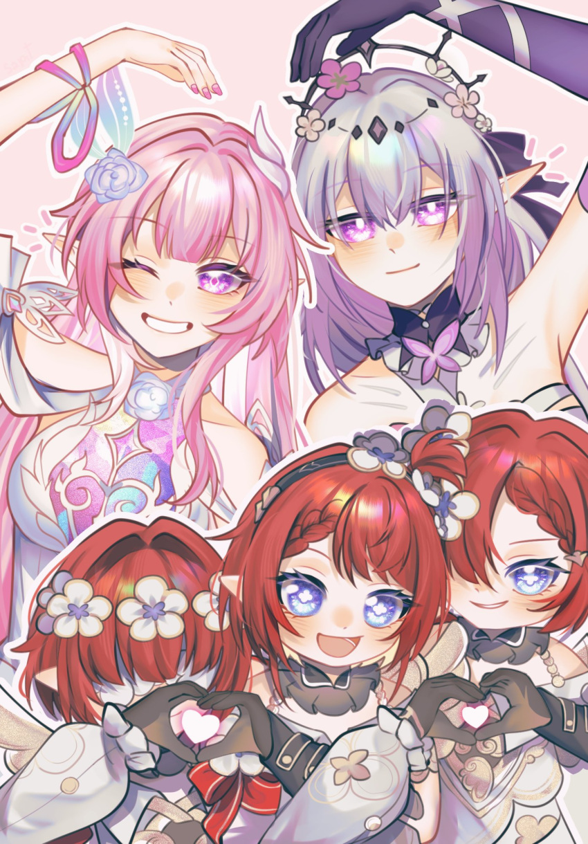 5girls, :d, ;d, angel_wings, arm_up, bare_shoulders, black_gloves, black_hairband