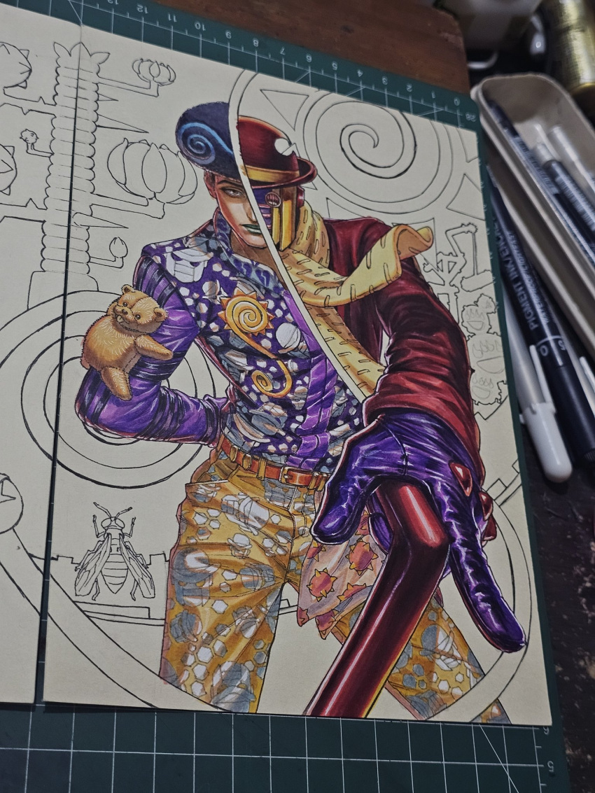 1boy, 1other, afro, alternate_costume, arm_behind_back, art_tools_in_frame, belt, blue_hair