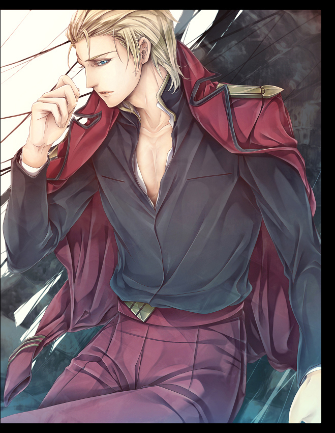 bad_id, belt, blonde_hair, blue_eyes, char's_counterattack, char's_counterattack, char_aznable, collarbone