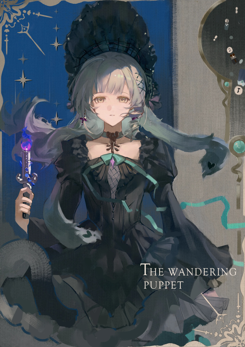 1girl, absurdres, animal_ears, arknights, bang_dream!, bang_dream!_it's_mygo!!!!!, black_bonnet, black_dress, bonnet, candle, cowboy_shot, dress, english_text, fire, floppy_ears, frilled_dress, frills, gothic_lolita, green_hair, green_ribbon, hair_ornament, highres, juliet_sleeves, lolita_fashion, long_hair, long_sleeves, looking_at_viewer, neck_ribbon, parted_lips, puffy_sleeves, purple_fire, rabbit_ears, rabbit_girl, ribbon, sidelocks, solo, sparkle, standing, tmbboom, wakaba_mutsumi, wakaba_mutsumi_(marionette's_id), x_hair_ornament, yellow_eyes