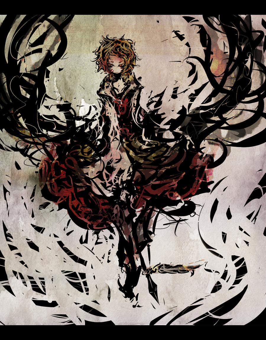 abstract, bad_id, blonde_hair, f7(eiki), letterboxed, polearm, short_hair, solo