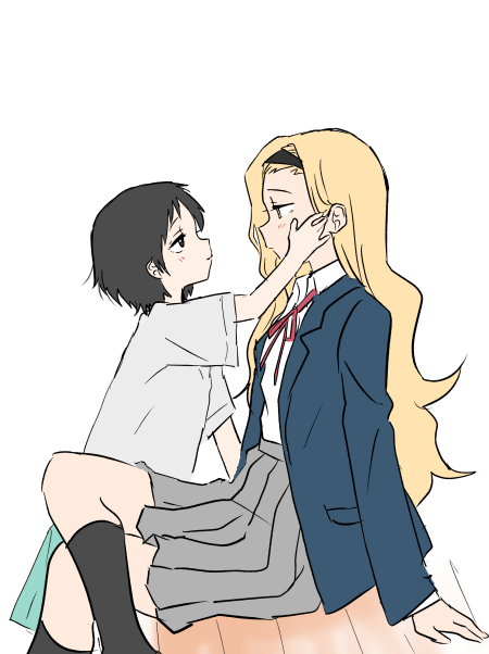 aged_down, aged_up, black_hair, black_hairband, black_shirt, blazer, blonde_hair, blue_jacket