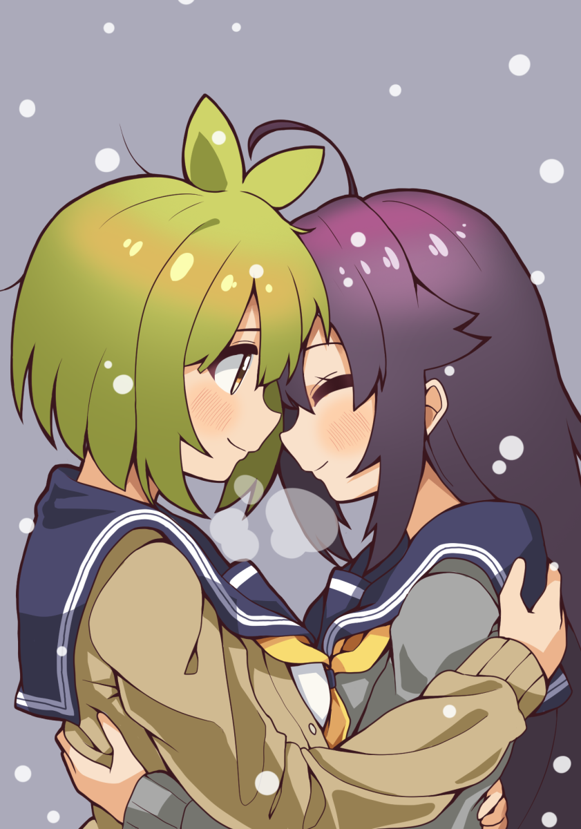 2girls, ahoge, antenna_hair, bashame_meme, blue_sailor_collar, blush, breasts, brown_cardigan