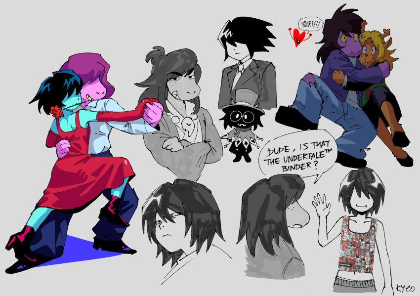 alternate_costume, deltarune, denim, dress, furry, furry_female, gender_transitioning, highres, jeans, kris_(dark_world)_(deltarune), kris_(deltarune), kyokyeo, noelle_holiday, pants, ralsei, ralsei_(hat), red_dress, smile, soul_(deltarune), speech_bubble, susie_(dark_world)_(deltarune), susie_(deltarune), utdr_(toby_fox), yuri