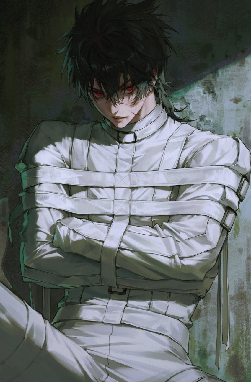 1boy, absurdres, belt_collar, black_hair, bruise, bruise_on_face, collar, commentary, crossed_arms, hair_between_eyes, highres, injury, jacket, lips, long_sleeves, looking_to_the_side, male_focus, medium_hair, messy_hair, original, pants, parted_lips, red_eyes, scar, scar_on_cheek, scar_on_face, shikal, sideways_glance, sitting, solo, straitjacket, teeth, white_jacket, white_pants