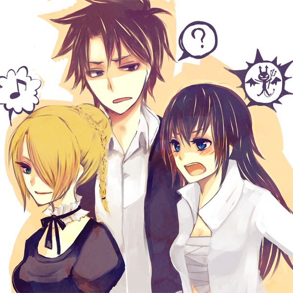1boy, 2girls, beelzebub_(manga), black_hair, blonde_hair, blue_eyes, bokken, breasts