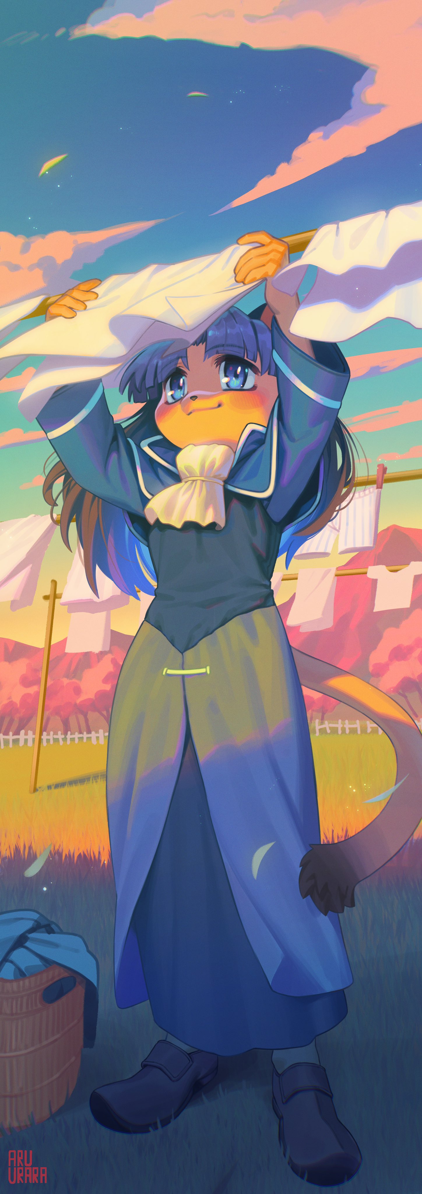 1girl, absurdres, animal_ears, ascot, black_hair, blue_dress, blue_eyes, blue_hair