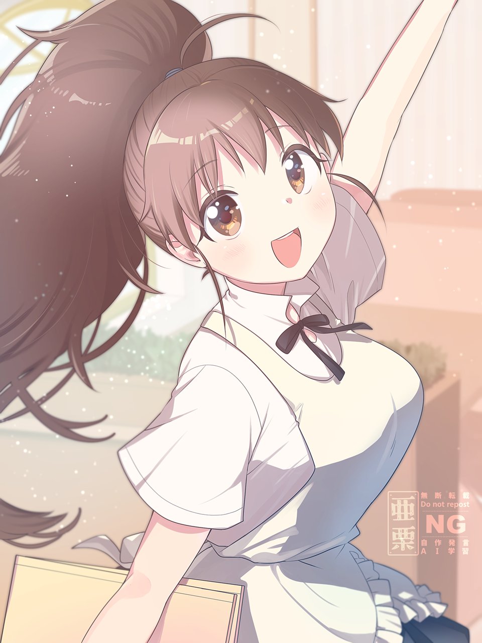:d, aguri_(aaa_guwo), apron, arm_at_side, arm_up, black_ribbon, breasts, brown_eyes, brown_hair, commentary_request, copyright_notice, frilled_apron, frills, from_side, happy, highres, holding, indoors, large_breasts, light_blush, light_particles, long_hair, looking_at_viewer, looking_to_the_side, neck_ribbon, ponytail, ribbon, shirt, short_sleeves, sidelocks, smile, standing, straight_hair, taneshima_popura, teeth, upper_teeth_only, white_shirt, working!!, yellow_apron