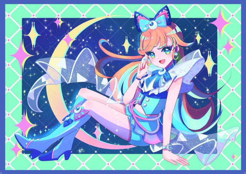 1girl, :d, bare_arms, blonde_hair, blue_background, blue_boots, blue_border, blue_bow, blue_eyes, blue_hair, blue_shirt, blue_shorts, boots, border, bow, bracelet, colored_inner_hair, commentary_request, earrings, from_side, full_body, green_background, hair_bow, hand_on_ground, hand_up, high_heel_boots, high_heels, himitsu_no_aipri, hoshikawa_mitsuki, iri_(irisaan_kaku), jewelry, long_hair, looking_at_viewer, looking_to_the_side, midriff, multicolored_hair, pretty_series, shirt, short_shorts, shorts, sidelocks, sitting, smile, solo, sparkle, sphere_earrings, straight_hair, two-tone_hair
