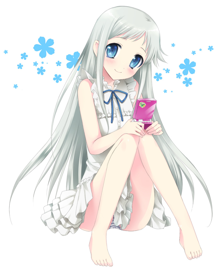bare_legs, bare_shoulders, barefoot, blue_eyes, blush, dress, feet, game_boy_advance_sp