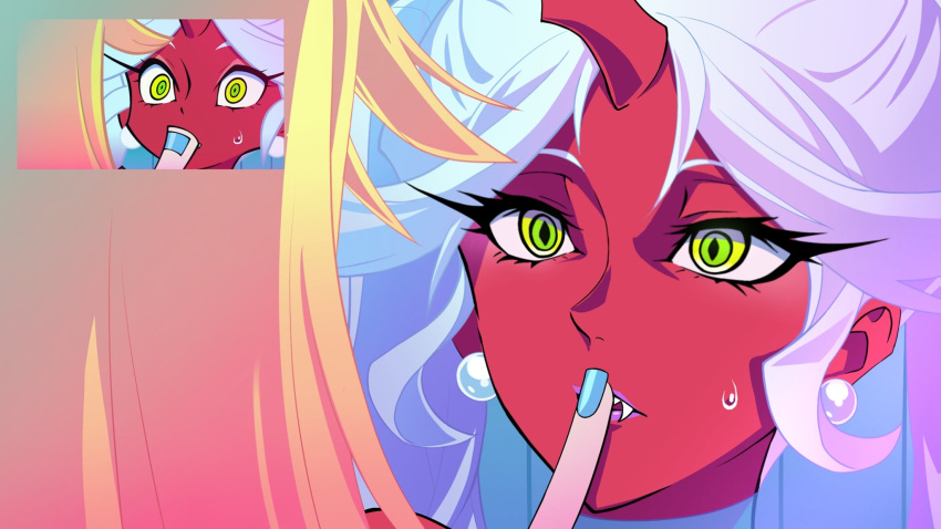 2girls, anime_screenshot_inset, blonde_hair, blue_nails, colored_skin, commentary_request, demon_girl, derivative_work