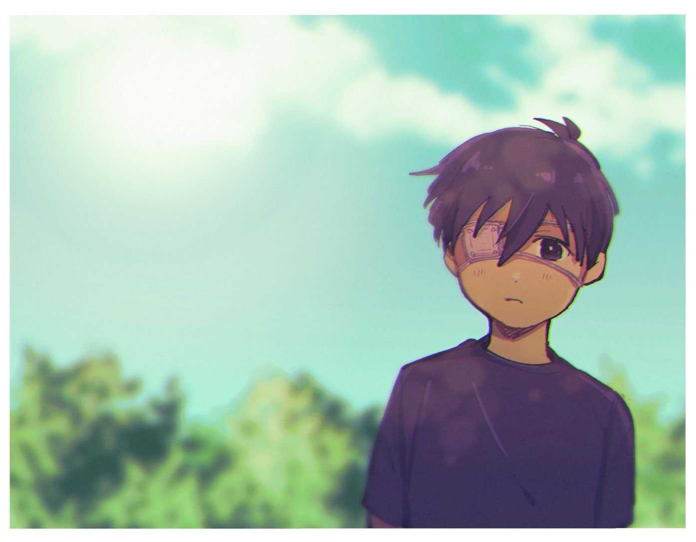 black_hair, black_shirt, blurry, blurry_background, closed_mouth, eyepatch, looking_at_viewer, medical_eyepatch