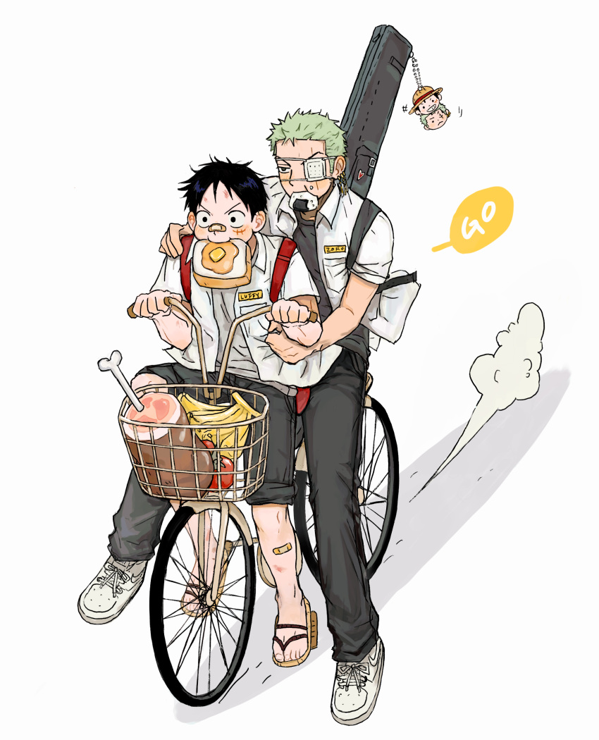 2boys, absurdres, arms_up, backpack, bag, banana, bandaid, bandaid_on_face