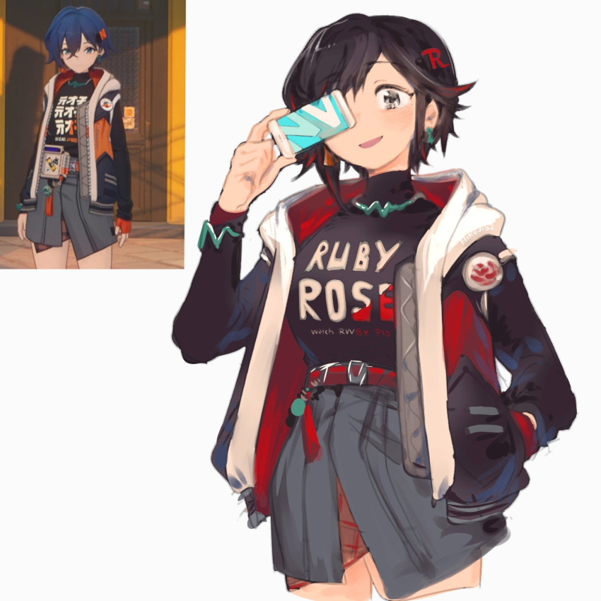 1girl, belle_(zenless_zone_zero)_(cosplay), hiru315, ruby_rose, rwby, short_hair, smile, zenless_zone_zero