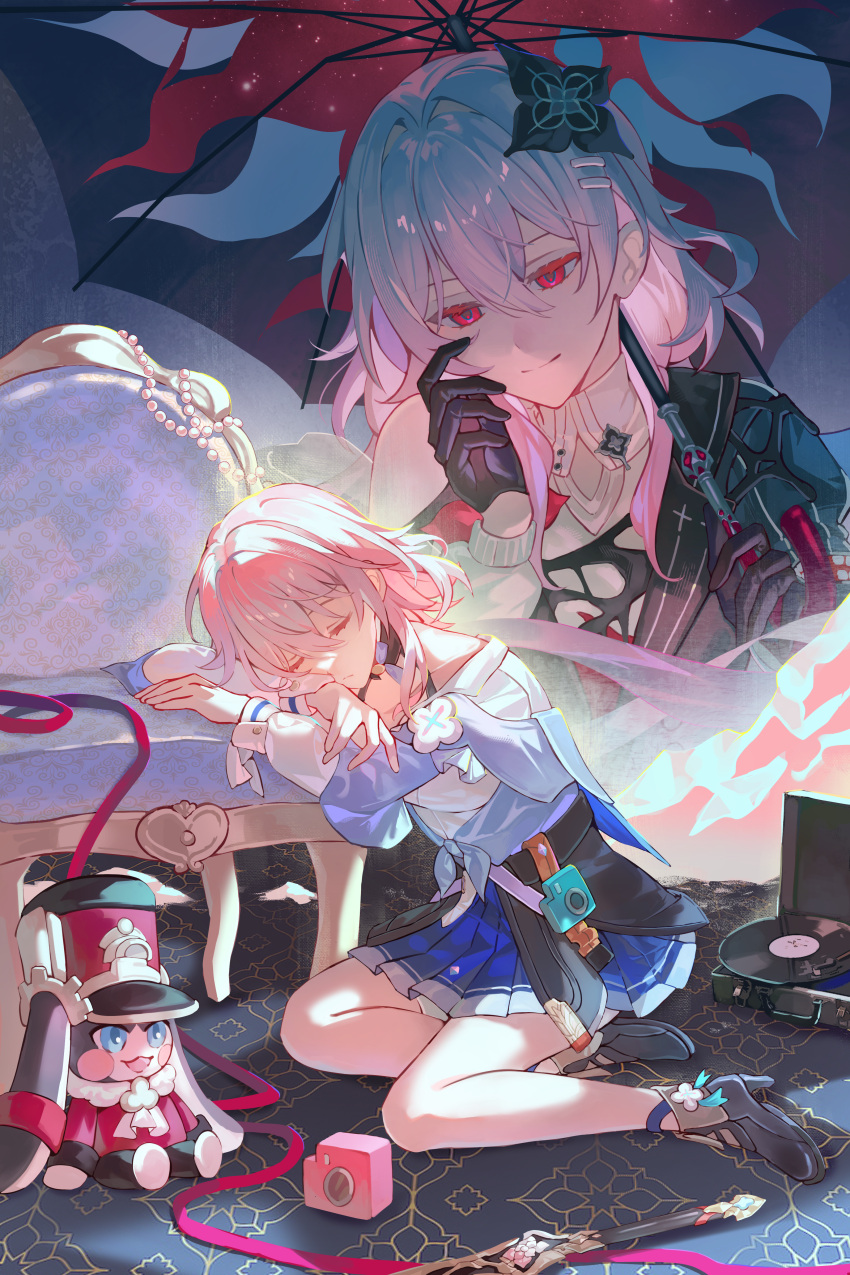 1other, 2girls, absurdres, arm_rest, black_dress, black_flower, black_gloves, black_umbrella