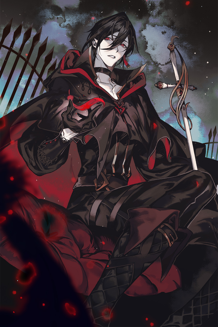 1boy, ayn_alwyn, ayn_alwyn_(godheim), black_boots, black_choker, black_cloak, black_gloves, black_hair