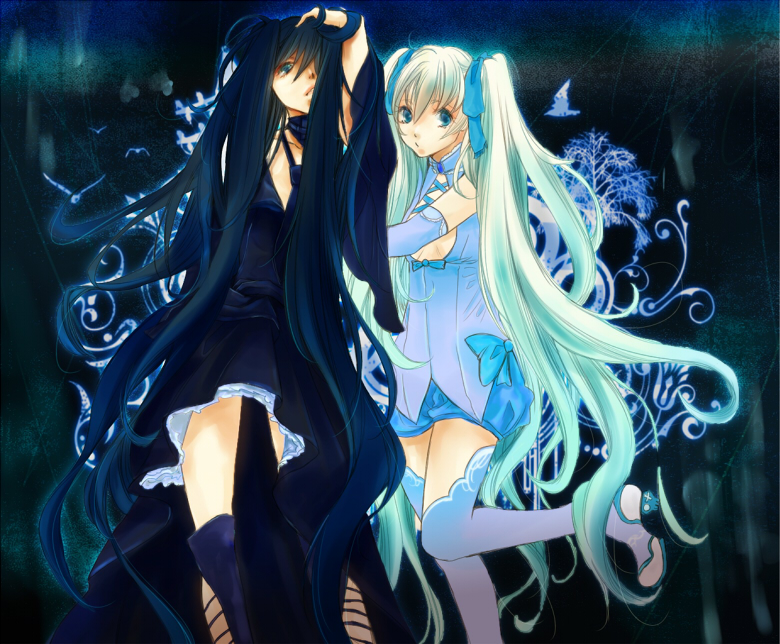 bad_id, black_&amp;_white, black_hair, black_vs_white, blue_eyes, bow, dress, dual_persona, hair_bow, hatsune_miku, long_hair, multiple_girls, saaya_(sugisan1119), thigh-highs, thighhighs, twintails, very_long_hair, vocaloid, white_hair