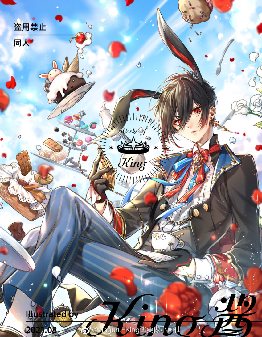 1boy, alternate_costume, animal-shaped_pillow, animal_ears, artist_name, asymmetrical_sidelocks, ayn_alwyn, basket, black_gloves, black_hair, black_jacket, blue_pants, blue_ribbon, blue_sky, blurry, brooch, cake, chair, cherry, chinese_commentary, chinese_text, chocolate, chocolate_truffle, clouds, colored_tips, cookie, cracker, crossed_legs, cummerbund, cup, dated, day, depth_of_field, earrings, extra_ears, feet_out_of_frame, floating, floating_object, flower, food, fork, fruit, gem, glint, gloves, gold_trim, hair_between_eyes, half_gloves, highres, holding, holding_pocket_watch, holding_saucer, ice_cream_cone, jacket, jewelry, kemonomimi_mode, kingchenxi, lapels, long_hair_between_eyes, long_sleeves, looking_at_viewer, lovebrush_chronicles, macaron, male_focus, midair, muffin, multicolored_hair, neck_ribbon, open_clothes, open_jacket, pants, parted_lips, petals, pocket_watch, rabbit, rabbit_boy, rabbit_ears, red_eyes, red_flower, red_gemstone, red_hair, red_petals, red_ribbon, red_rose, ribbon, rose, rose_petals, saucer, shirt, short_hair, sidelocks, sideways_glance, single_earring, sky, sleeve_cuffs, solo, sparkle, spats_(footwear), spilling, sprinkles, striped_clothes, striped_pants, sugar_bowl, sugar_cube, sweater_guard, sweets, swiss_roll, table_knife, tea, teacup, thumbprint_cookie, tiered_tray, tuxedo_shirt, v-shaped_eyebrows, vase, vertical-striped_clothes, vertical-striped_pants, watch, watermark, weibo_watermark, whipped_cream, white_flower, white_rose, white_shirt