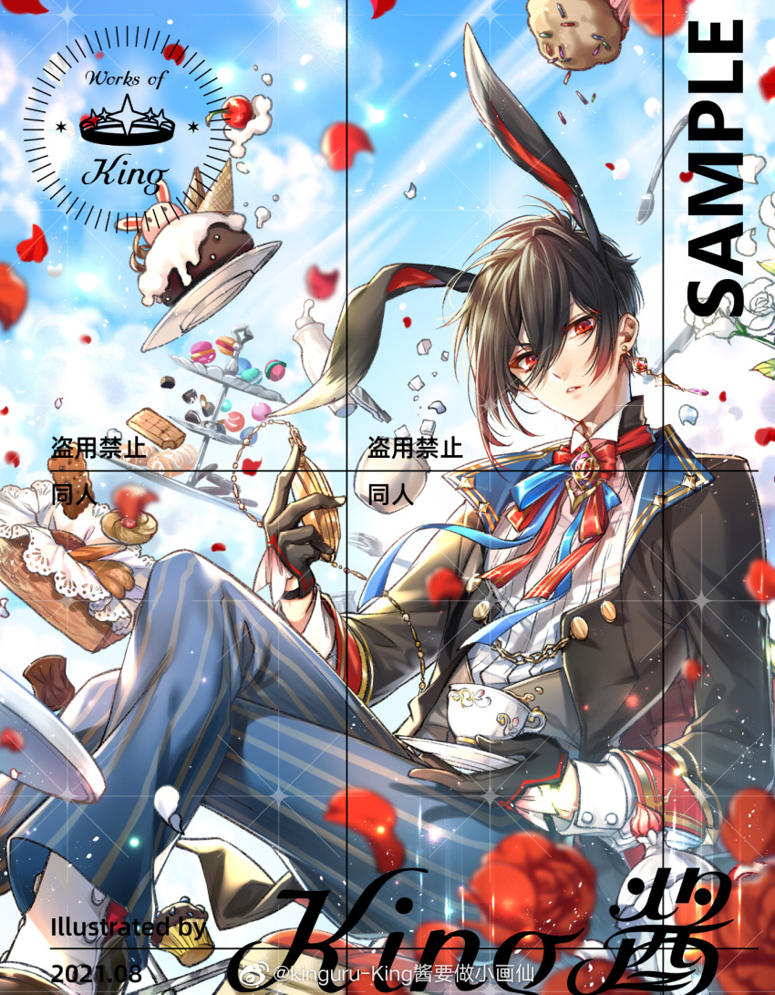 1boy, alternate_costume, animal-shaped_pillow, animal_ears, artist_name, asymmetrical_sidelocks, ayn_alwyn, basket, black_gloves, black_hair, black_jacket, blue_pants, blue_ribbon, blue_sky, blurry, brooch, cake, chair, cherry, chinese_commentary, chinese_text, chocolate, chocolate_truffle, clouds, colored_tips, cookie, cracker, crossed_legs, cummerbund, cup, dated, day, depth_of_field, earrings, extra_ears, feet_out_of_frame, floating, floating_object, flower, food, fork, fruit, gem, glint, gloves, gold_trim, hair_between_eyes, half_gloves, highres, holding, holding_pocket_watch, holding_saucer, ice_cream_cone, jacket, jewelry, kemonomimi_mode, kingchenxi, lapels, long_hair_between_eyes, long_sleeves, looking_at_viewer, lovebrush_chronicles, macaron, male_focus, midair, muffin, multicolored_hair, neck_ribbon, open_clothes, open_jacket, pants, parted_lips, petals, pocket_watch, rabbit, rabbit_boy, rabbit_ears, red_eyes, red_flower, red_gemstone, red_hair, red_petals, red_ribbon, red_rose, ribbon, rose, rose_petals, sample_watermark, saucer, shirt, short_hair, sidelocks, sideways_glance, single_earring, sky, sleeve_cuffs, solo, sparkle, spats_(footwear), spilling, sprinkles, striped_clothes, striped_pants, sugar_bowl, sugar_cube, sweater_guard, sweets, swiss_roll, table_knife, tea, teacup, thumbprint_cookie, tiered_tray, tuxedo_shirt, v-shaped_eyebrows, vase, vertical-striped_clothes, vertical-striped_pants, watch, watermark, watermark_grid, weibo_watermark, whipped_cream, white_flower, white_rose, white_shirt