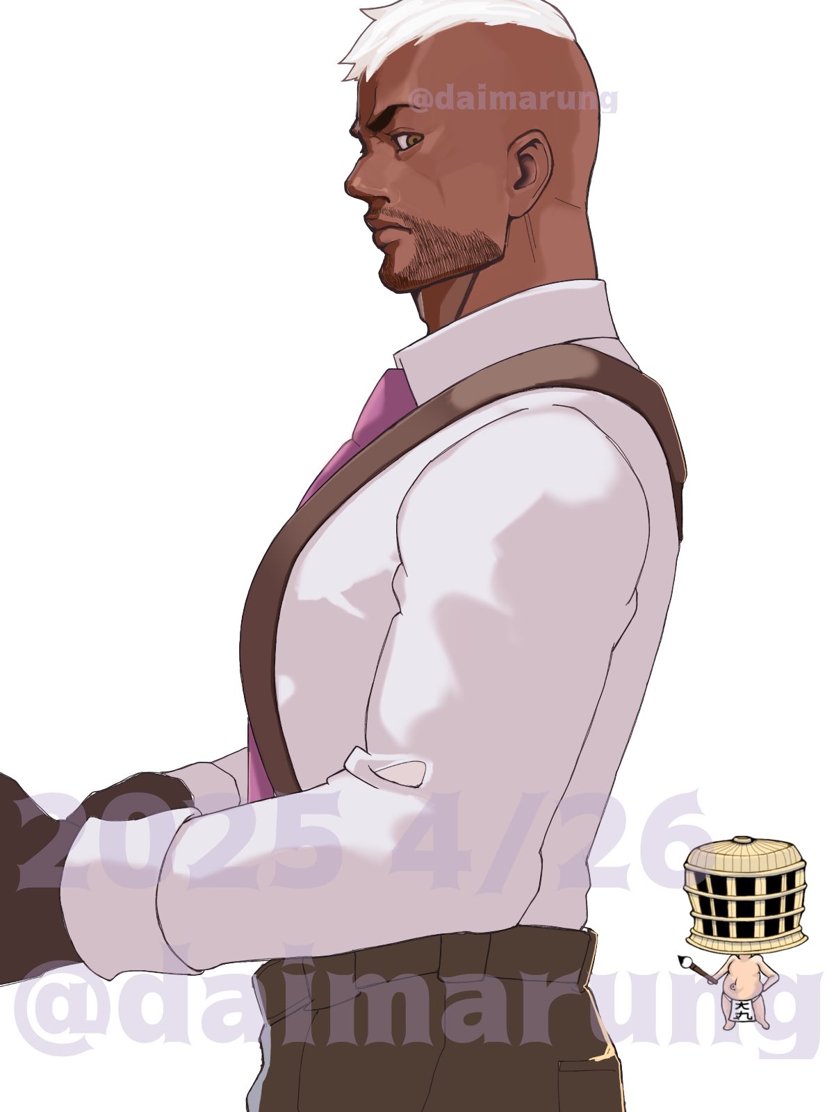 1boy, beard_stubble, black_gloves, black_pants, brown_eyes, closed_mouth, daimaru_(s29y2c), dark-skinned_male, dark_skin, dated, dress_shirt, facial_hair, formal_clothes, from_side, gloves, highres, inset, long_sleeves, looking_at_viewer, male_focus, mohawk, necktie, pants, purple_necktie, seth_(kof), shirt, short_hair, simple_background, solo, stubble, suspenders, the_king_of_fighters, twitter_username, upper_body, watermark, white_background, white_hair, white_shirt