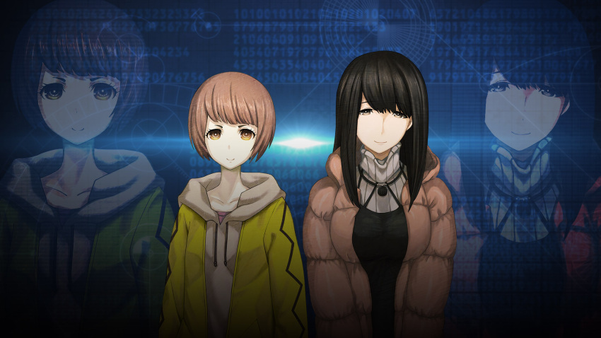 2girls, black_hair, brown_eyes, brown_hair, collarbone, game_cg, high_collar, highres