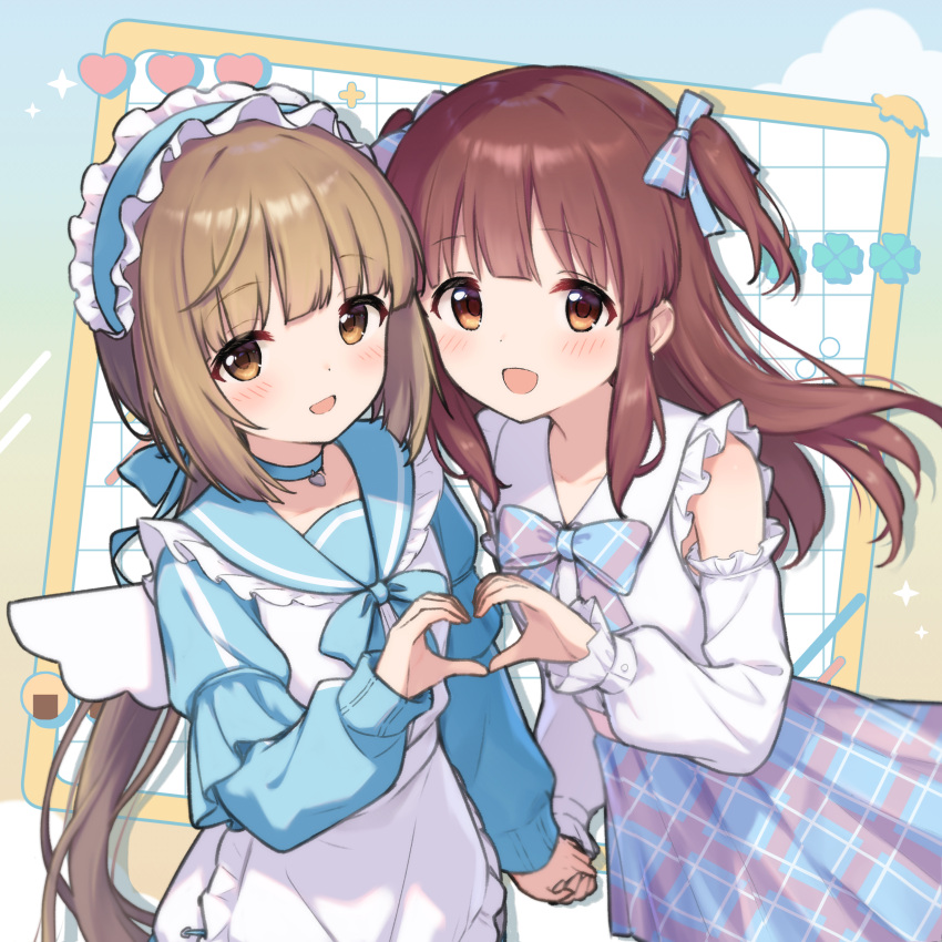 2girls, absurdres, apron, blush, bow, bowtie, brown_eyes, brown_hair