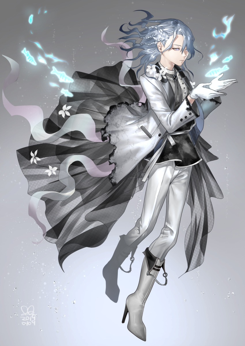 1boy, black_coat, black_vest, bolo_tie, boots, boutonniere, braid, caviar_(food_fantasy), closed_mouth, coat, cuff_links, cupping_hands, dress_shirt, expressionless, fish, floating_hair, flower, flying_fish, fold-over_boots, food_fantasy, full_body, gloves, glowing_fish, gradient_background, grey_background, grey_eyes, grey_hair, groom, hair_over_one_eye, hands_up, high_heel_boots, high_heels, highres, hutagi_rouka, jacket, knee_boots, lapels, layered_clothes, long_sleeves, looking_at_animal, male_focus, medium_hair, open_clothes, open_jacket, own_hands_together, pants, pants_tucked_in, peaked_lapels, ribbon, russian_clothes, see-through_clothes, see-through_coat, shirt, side_braids, side_part, simple_background, solo, suit, suit_jacket, torn_clothes, torn_jacket, vest, waist_ribbon, wavy_hair, white_boots, white_flower, white_gloves, white_jacket, white_pants, white_ribbon, white_suit