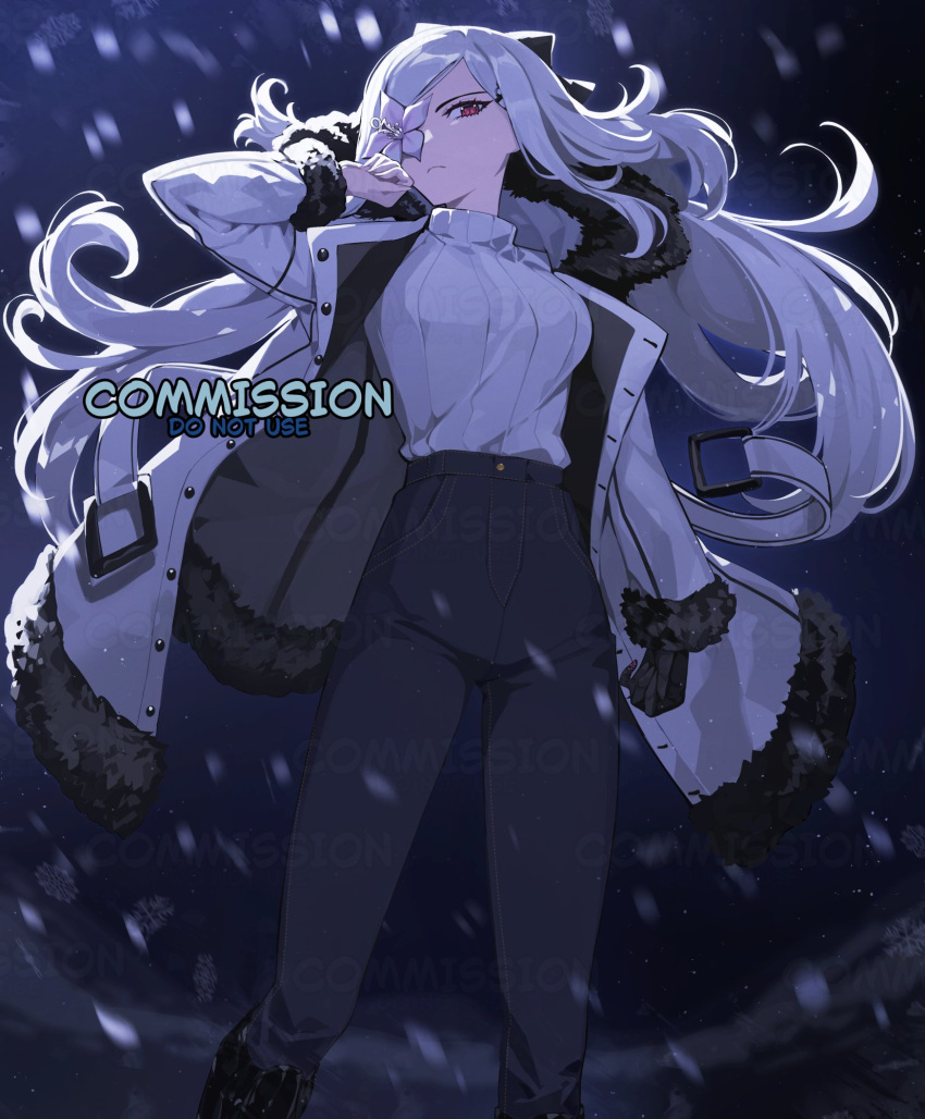 1girl, alternate_costume, black_pants, breasts, coat, commentary, commission, drag-on_dragoon