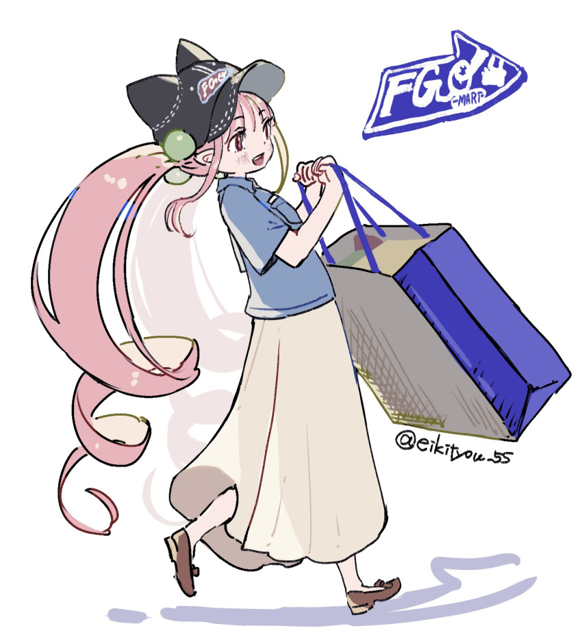 1girl, bag, black_hat, blue_shirt, blush, breasts, eiki_(eikityou_55), fate/grand_order