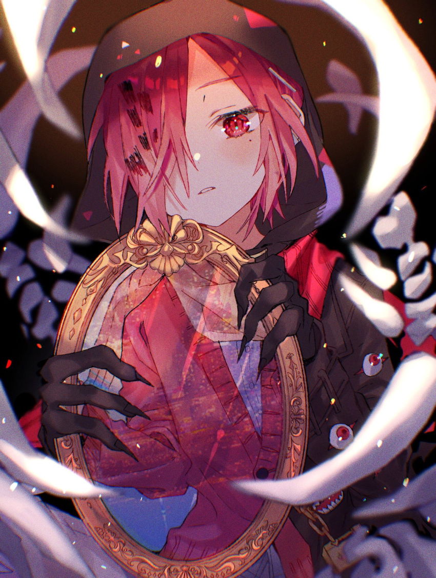 1boy, ban_(one_ban7241), black_background, brown_gloves, brown_hoodie, commentary_request, gloves, highres