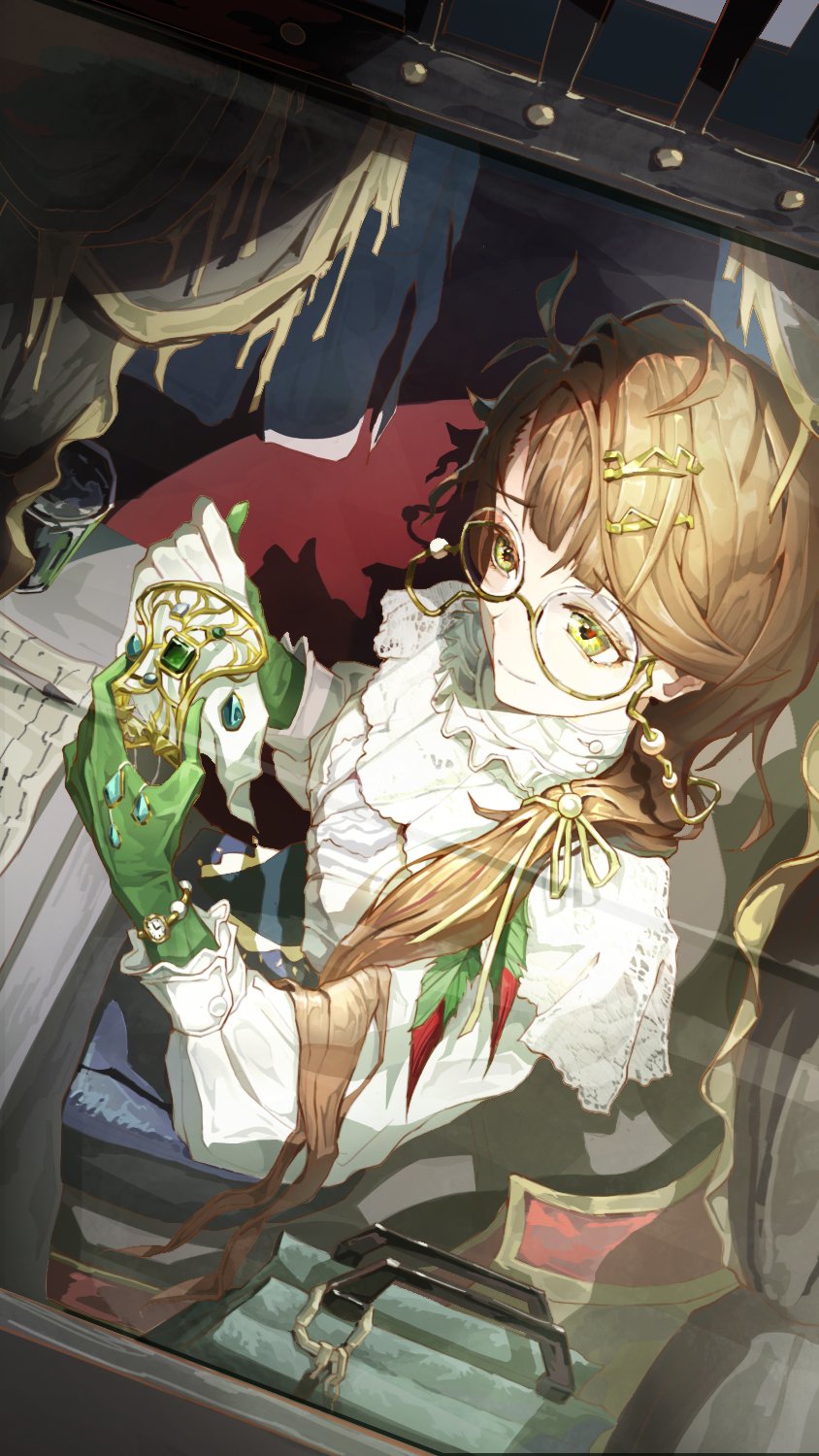 1girl, black_skirt, brown_hair, closed_mouth, from_above, from_outside, glasses, gloves