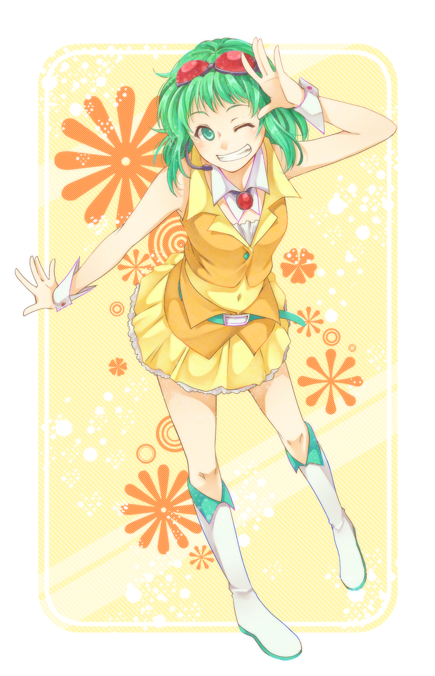 boots, goggles, goggles_on_head, green_eyes, green_hair, grin, gumi, headphones, headset, highres, kashiwa_mochi, kashiwa_mochi_(tsuni), short_hair, skirt, smile, solo, vocaloid, wink, wrist_cuffs