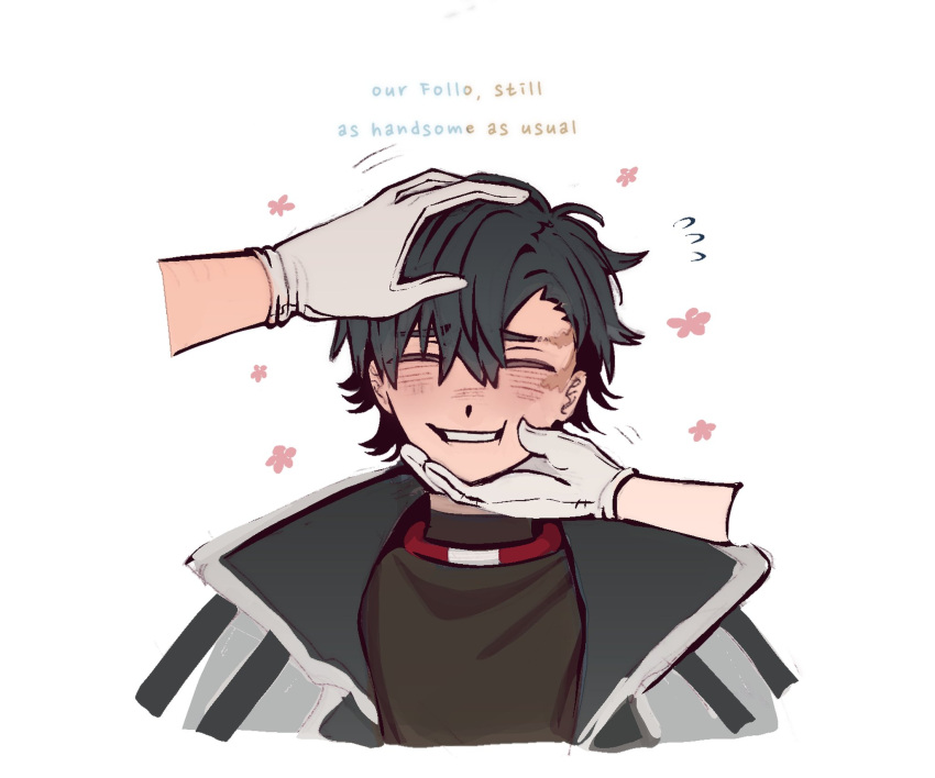 1boy, 2others, black_hair, black_shirt, blush, closed_eyes, flying_sweatdrops, follo_tunito