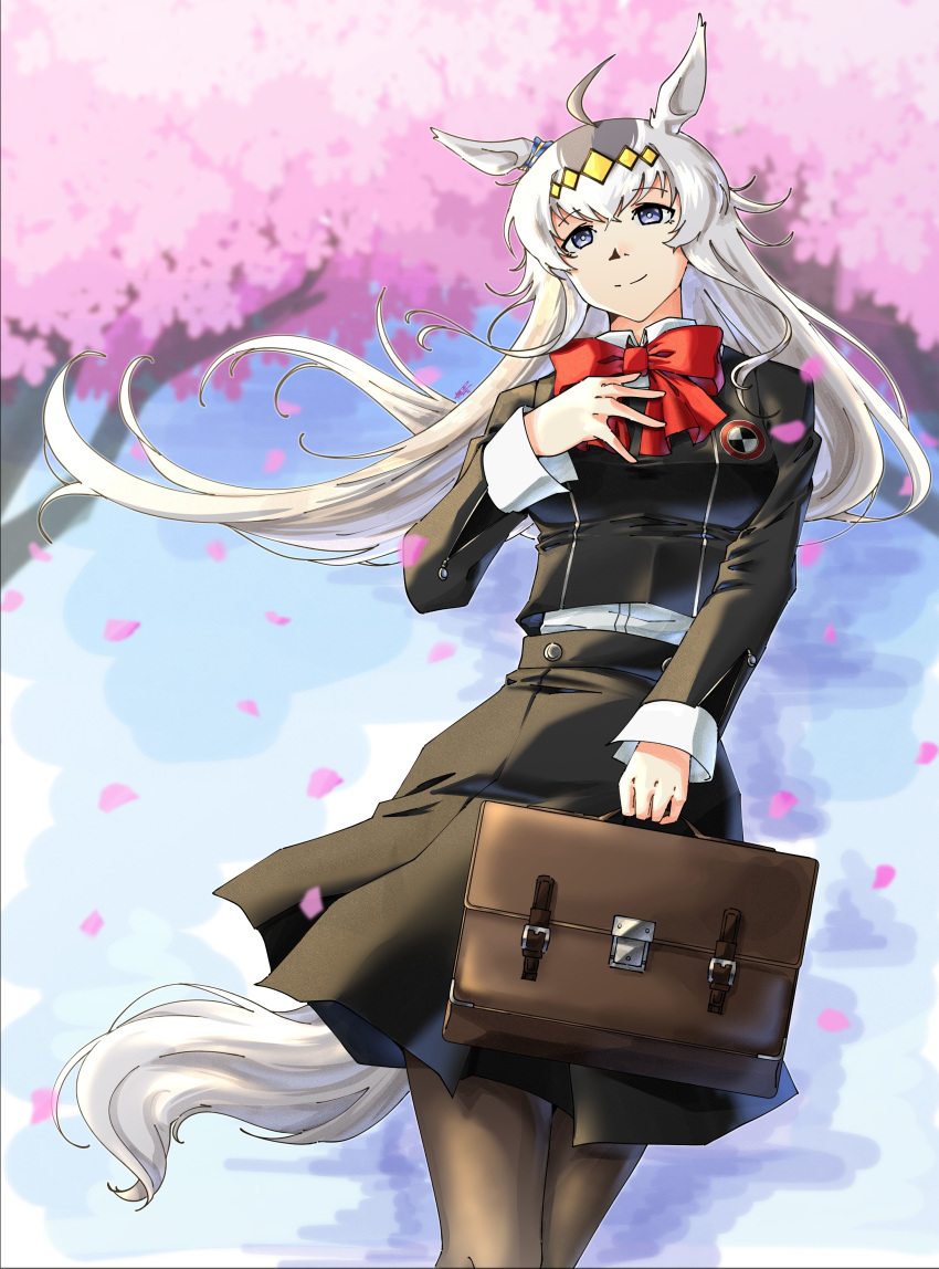 1girl, absurdres, ahoge, alternate_costume, animal_ears, bag, black_jacket, black_pantyhose