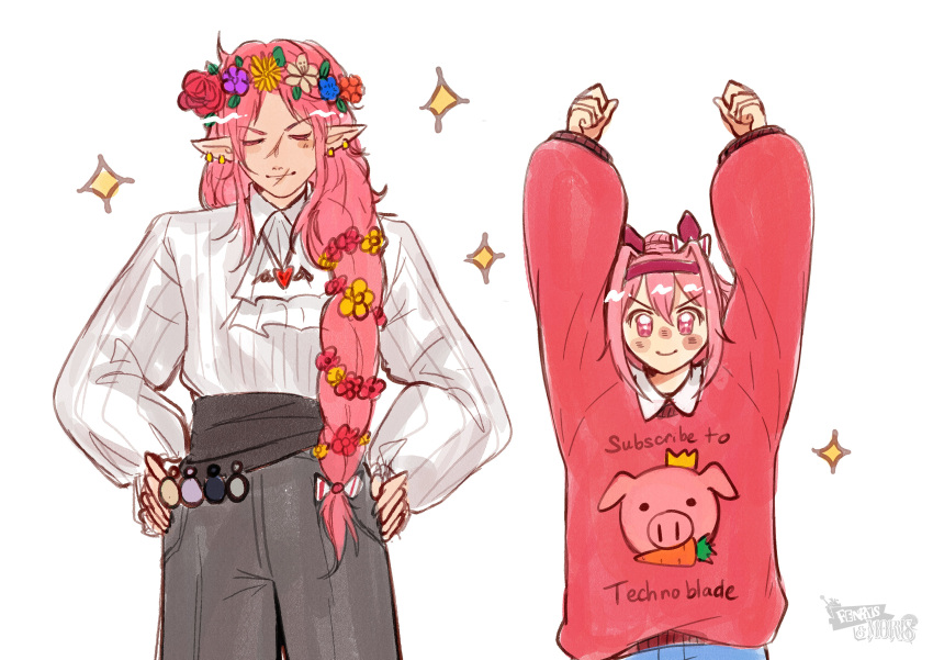 >:), 1boy, 1girl, absurdres, animal_ears, arms_up, artist_name, ascot