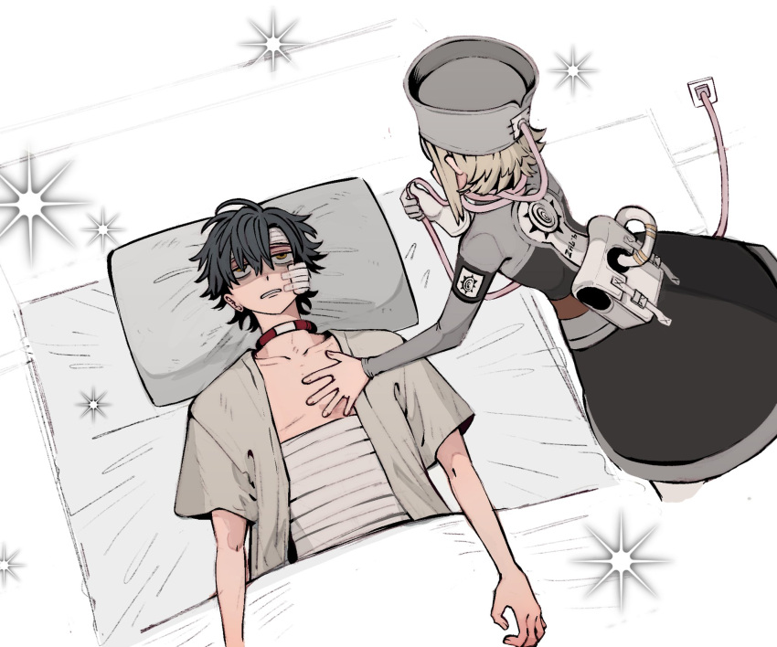 1boy, 1girl, bandaged_head, bandaged_stomach, bandages, black_hair, blonde_hair, choker