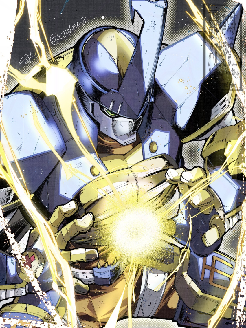 1boy, armor, blitzmon, blue_armor, commentary_request, digimon, digimon_(creature), electricity