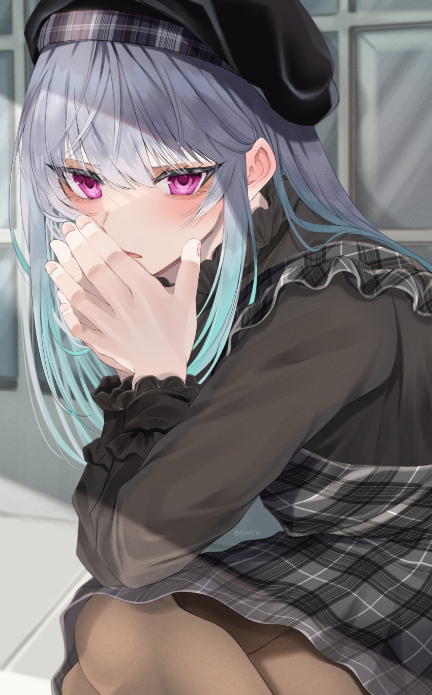 1boy, aegyo_sal, aqua_hair, beret, black_hat, black_ribbon, black_shirt, blush, boss_(shisei), brown_pantyhose, choppy_bangs, colored_inner_hair, covering_own_mouth, crossdressing, crossdressing_(mtf), crossed_legs, dress, ear_blush, frilled_dress, frilled_shirt, frilled_sleeves, frills, furrowed_brow, grey_dress, grey_hair, hair_behind_ear, hair_between_eyes, hands_up, hat, highres, interlocked_fingers, leaning_forward, long_hair, long_sidelocks, long_sleeves, looking_at_viewer, makeup, male_focus, multicolored_hair, neck_ribbon, original, outdoors, pantyhose, parted_lips, pink_eyes, plaid_clothes, plaid_dress, plaid_hat, ribbon, shirt, shisei_(kyuushoku_banchou), sidelocks, sitting, sleeveless, sleeveless_dress, solo, straight_hair, trap, two-tone_hair