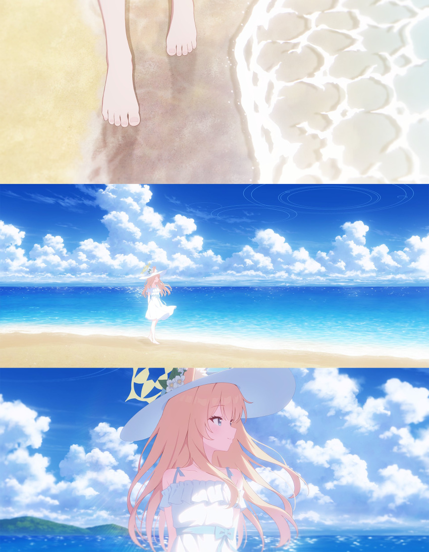 1girl, absurdres, alternate_costume, animal_ear_fluff, animal_ear_headwear, animal_ears, bare_legs, barefoot, beach, blue_archive, blue_bow, blue_eyes, bow, cat_ears, clouds, dress, flower, frills, halo, hashtag-only_commentary, hat, highres, landscape, long_hair, looking_to_the_side, mari_(blue_archive), mountainous_horizon, multiple_views, ocean, orange_hair, scenery, sky, smile, solo, toenails, toes, walking, water, white_dress, white_flower, white_hat, yellow_halo, yuma_(lyq_yume)