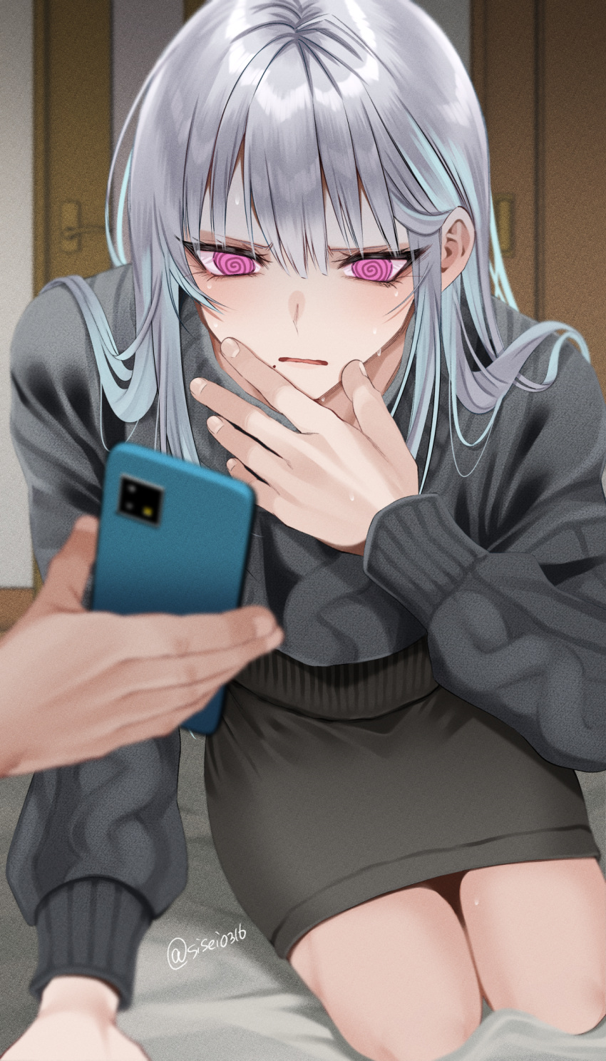1boy, @_@, aqua_hair, arm_at_side, black_skirt, black_sweater, blush, boss_(shisei), cable_knit, cellphone, choppy_bangs, colored_inner_hair, crossdressing, crossdressing_(mtf), door, furrowed_brow, grey_hair, hair_behind_ear, hair_between_eyes, hand_on_bed, hand_on_own_chin, hand_up, highres, indoors, knees, leaning_forward, legs_together, long_hair, long_sidelocks, long_sleeves, looking_at_phone, makeup, male_focus, miniskirt, mole, mole_under_mouth, multicolored_hair, nervous_sweating, on_bed, original, out_of_frame, parted_lips, pencil_skirt, phone, pink_eyes, puffy_long_sleeves, puffy_sleeves, seiza, shisei_(kyuushoku_banchou), sidelocks, sitting, skirt, smartphone, solo, sweat, sweater, trap, turtleneck, turtleneck_sweater, two-tone_hair, wavy_mouth
