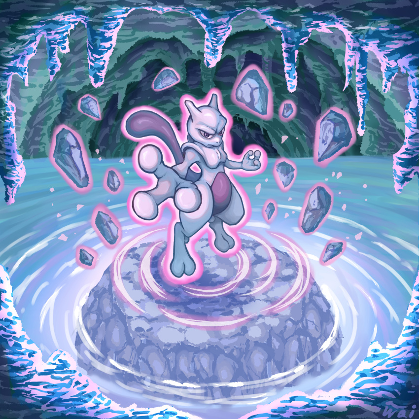aura, cave_interior, closed_mouth, foreshortening, full_body, highres, mewtwo, nostrils