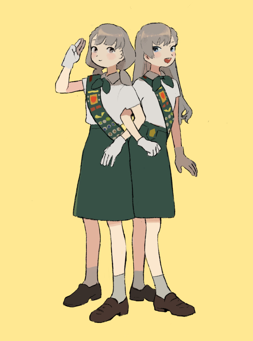 2girls, alternate_hair_length, alternate_hairstyle, back-to-back, badge, blue_eyes, blush, closed_mouth
