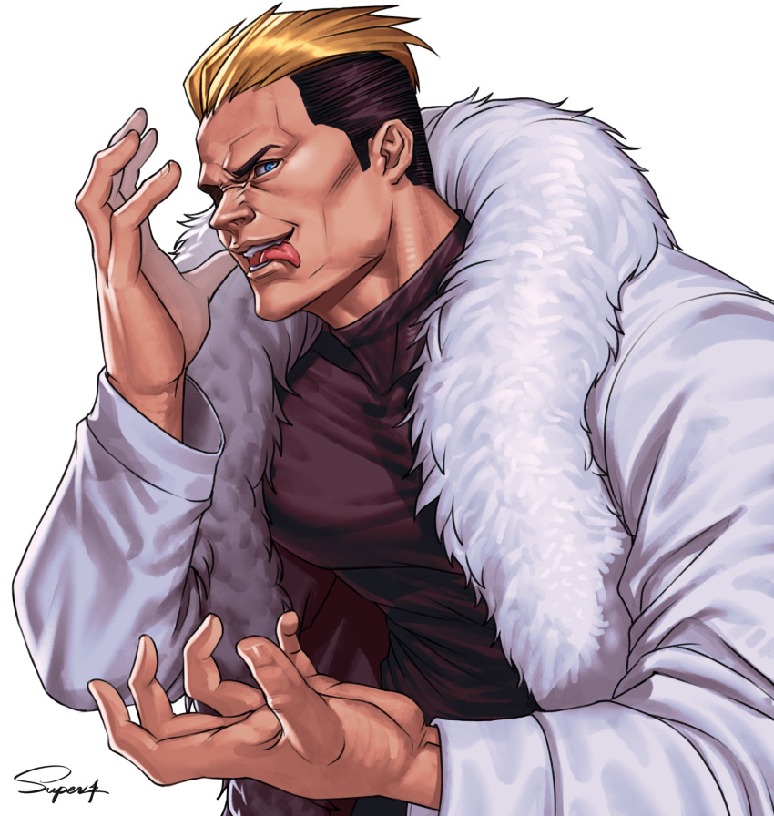 1boy, black_hair, black_shirt, blonde_hair, coat, crazy_smile, fatal_fury, fur-trimmed_coat