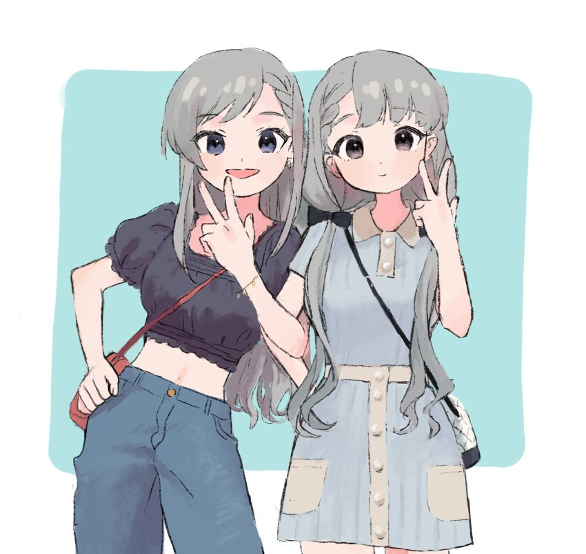 2girls, asymmetrical_bangs, bag, black_eyes, black_shirt, blue_background, blue_dress, border
