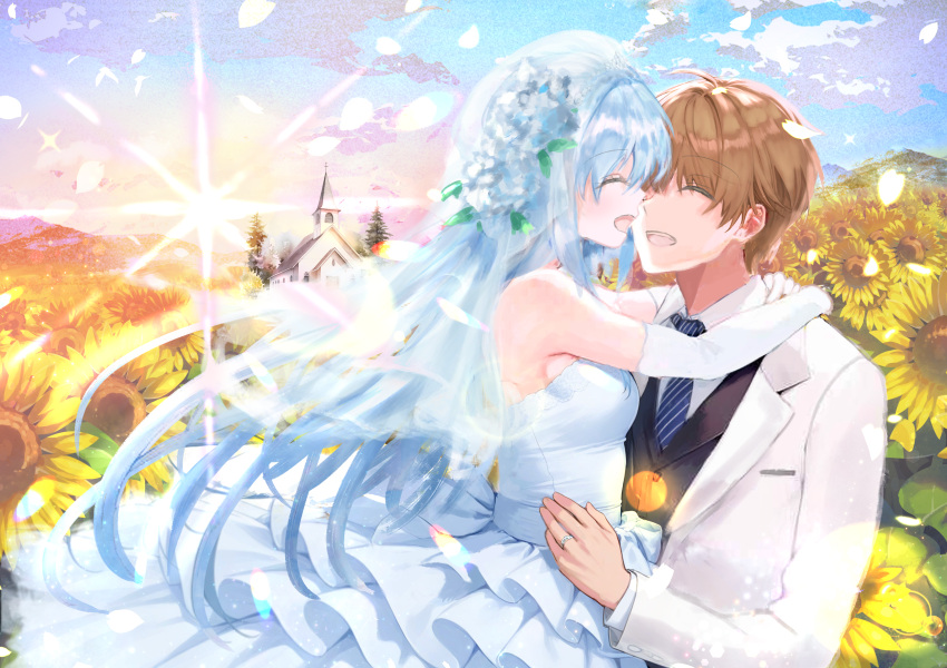 1boy, 1girl, :d, absurdres, aged_up, ahoge, arms_around_neck, ashitaba_yousuke, backlighting, bare_shoulders, blue_halo, blue_necktie, blue_sky, bride, brown_hair, church, collared_shirt, commentary_request, couple, cowboy_shot, day, dress, elbow_gloves, eyelashes, facing_another, falling_petals, faster_crisis, field, floating_hair, flower, flower_field, frilled_dress, frills, from_side, gloves, groom, hair_between_eyes, hair_flower, hair_ornament, halo, happy, hetero, highres, himawari_no_kyoukai_to_nagai_natsuyasumi, hug, long_dress, long_hair, mountainous_horizon, necktie, nonohara_hinazakura, open_mouth, outdoors, petals, profile, scenery, shirt, short_hair, sky, sleeveless, sleeveless_dress, smile, suit, sunflower, sunflower_field, teeth, upper_teeth_only, veil, very_long_hair, wedding, wedding_dress, white_flower, white_gloves, white_shirt, white_suit, wind