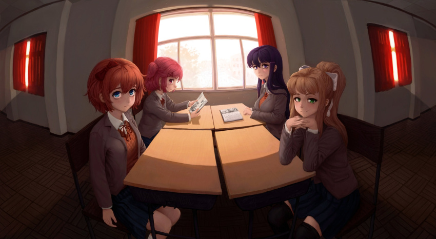 4girls, absurdres, blue_eyes, bow, brown_hair, doki_doki_literature_club, doki_doki_literature_club_school_uniform, fisheye