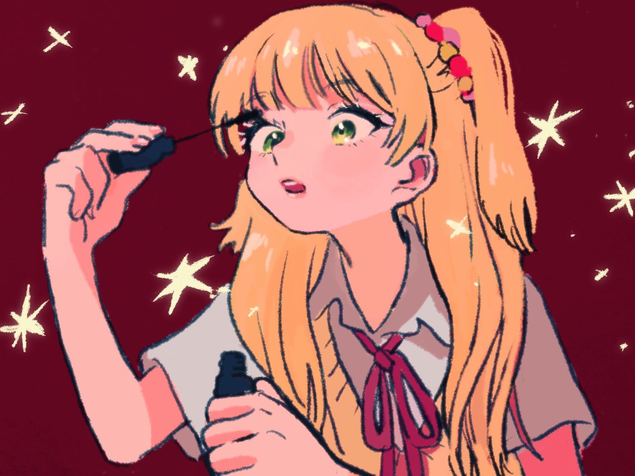 1girl, applying_makeup, applying_mascara, commentary_request, green_eyes, gyaru, hair_ornament, hair_over_shoulder